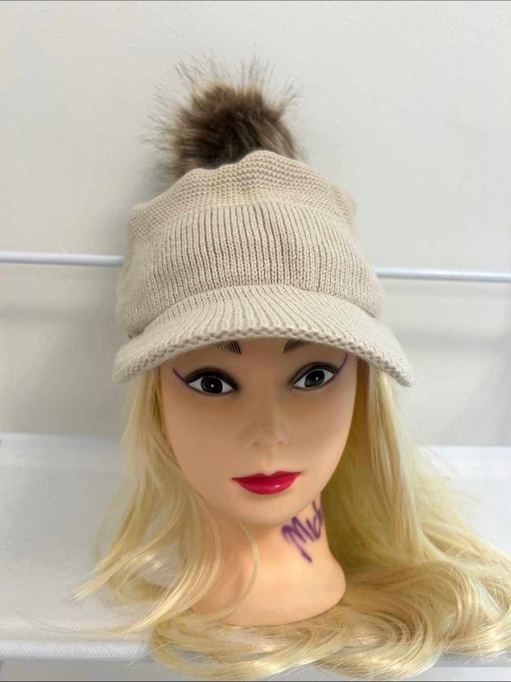 SHEIN Beige Knit Visor Beanie with Faux Fur Pom